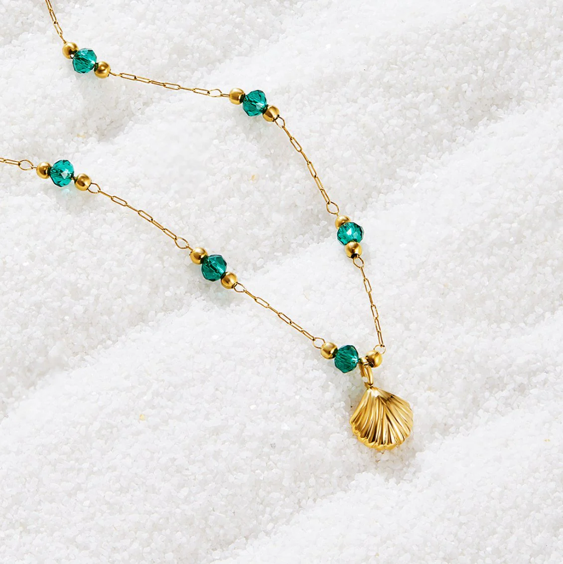 Nerissa Gold Shell & Green Bead Necklace - Image 9